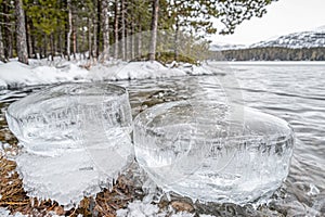 Ice blocks floating on a river surface