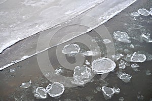 Ice blocks flowing in river
