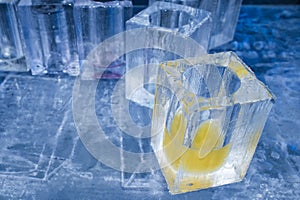 Ice blocks glasses in a ice hotel bar pub