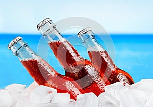 Beer bottles in ice on beach background