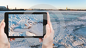 ice-bound Neva river in Saint Petersburg city