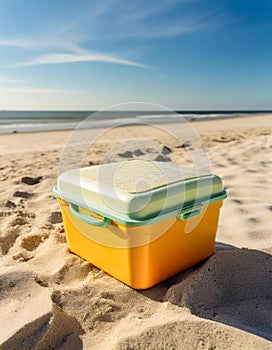 Ice box, drink cooler, portable fridge on the beach