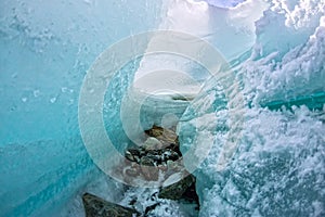Ice break in the melting blue glacier