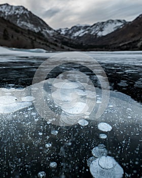 Ice bubbles on a frozen lake in California