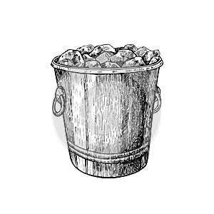 Ice bucket. Hand drawn isolated vector illustration. Jar for alcohol drink in engraved style.