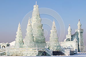 Ice buildings in sunny daylight in Harbin China