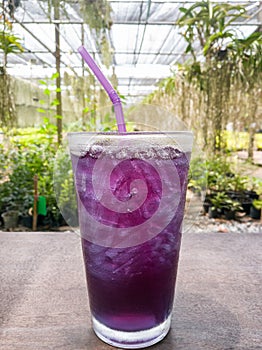 Ice butterfly pea beverage healthy on table