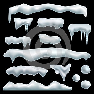 Ice cap. Snow caps with shadow, snowdrifts, snowballs and icicles, frozen roof effect. Winter season christmas and new