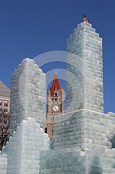 Ice Castle with Clock Tower in the Sunshine