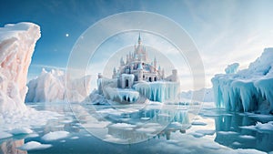 The ice castles in the winter lake. the winter kingdom with floating islands