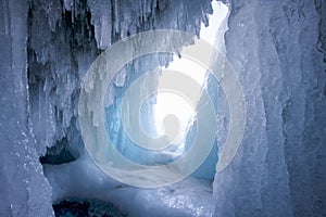 An ice cave beckons on Lake Baikal, the world`s oldest and deepest freshwater lake, located in Siberia