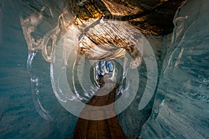 Ice cave inside the Rhone glacier in Switzerland