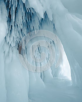 Ice cave interior with icicles and soft light.