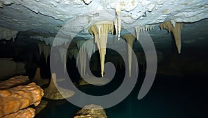 Ice Cave Interior with Stalactites and Blue Ice Generative AI