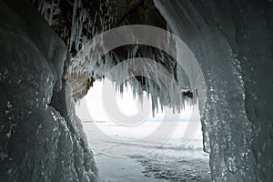 Ice cave on island Olkhon at Baikal Lake