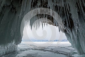 Ice cave on island Olkhon at Baikal Lake