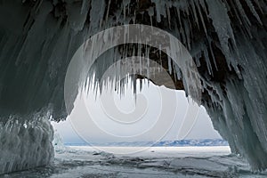 Ice cave on island Olkhon at Baikal Lake