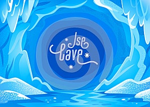 Ice cave landscape. Blue snowy winter background - Panoramic landscape with frozen icy cavern. Vector illustration in