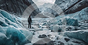 Ice cave landscape with a man standing in the ice cave. AI Generated