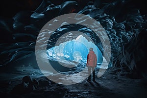 Ice cave landscape with a man standing in the ice cave. AI Generated