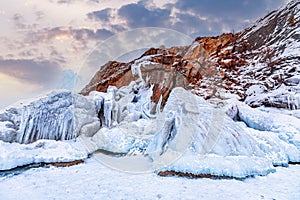Ice caves, sculptures and grottoes winter landscape of Lake Baikal