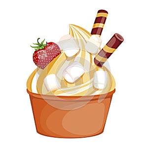 Soft orange ice cream in an ogange Cup. delicious dessert, decorated with whipped cream