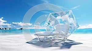 Ice chair on the beach, refreshing concept. Vacation on the hot shore with cold chair.