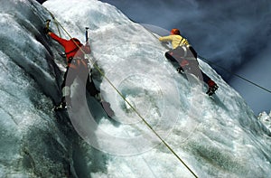 Ice climber ascending crevasse on the Nisqually Glacier