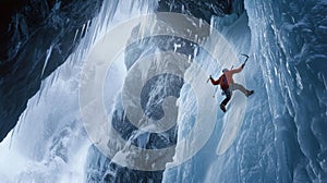 Ice climber ascends a frozen waterfall in a remote mountainous region under a cloudy sky photo