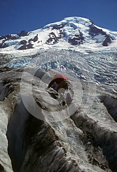 Ice Climber on icefall below Mt Baker photo