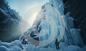 Ice climbers dressed in warm climbing clothes, safety harnesses and helmet climb frozen vertical waterfalls belaying each other