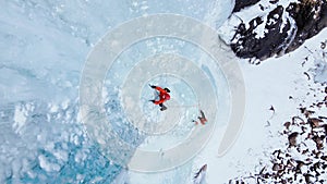 Ice climbing at frozen waterfall.