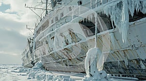 Ice clings to the sides of the ship adding to its already imposing size and weight