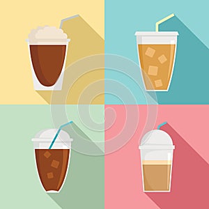 Ice coffee cream cold cup icons set, flat style