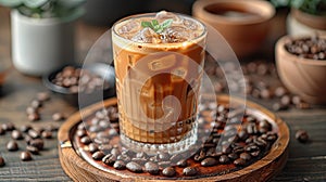 Ice coffee with cream in a tall glass and coffee beans, portafilter, tamper and milk jug
