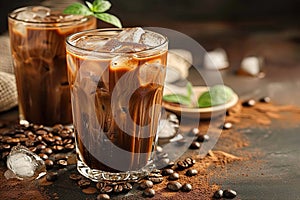 Ice coffee with cream in a tall glass and coffee beans, portafilter, tamper and milk jug