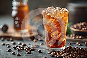 Ice coffee with cream in a tall glass and coffee beans, portafilter, tamper and milk jug