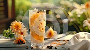 Ice coffee with cream in a tall glass and coffee beans, portafilter, tamper and milk jug