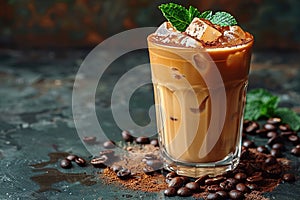 Ice coffee with cream in a tall glass and coffee beans, portafilter, tamper and milk jug