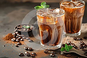 Ice coffee with cream in a tall glass and coffee beans, portafilter, tamper and milk jug