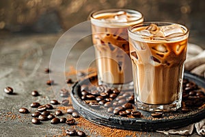 Ice coffee with cream in a tall glass and coffee beans, portafilter, tamper and milk jug