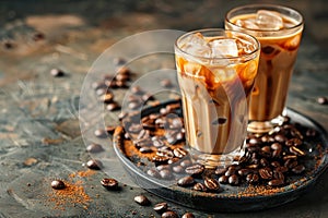 Ice coffee with cream in a tall glass and coffee beans, portafilter, tamper and milk jug