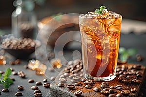 Ice coffee with cream in a tall glass and coffee beans, portafilter, tamper and milk jug