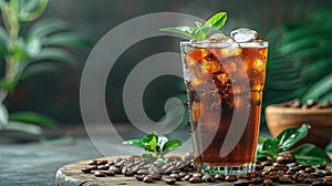 Ice coffee with cream in a tall glass and coffee beans, portafilter, tamper and milk jug