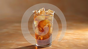 Ice coffee with cream in a tall glass and coffee beans, portafilter, tamper and milk jug