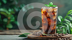 Ice coffee with cream in a tall glass and coffee beans, portafilter, tamper and milk jug