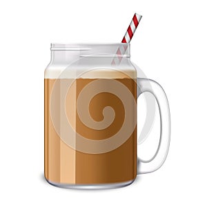 Ice coffee jar icon, realistic style