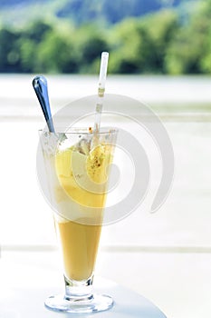 Ice coffee with vanilla ice cream and whip