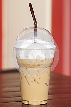 Ice coffee on wood table