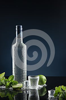 Ice-cold bottle of vodka with shot glasses on dark blue background with copy space. Vertical format